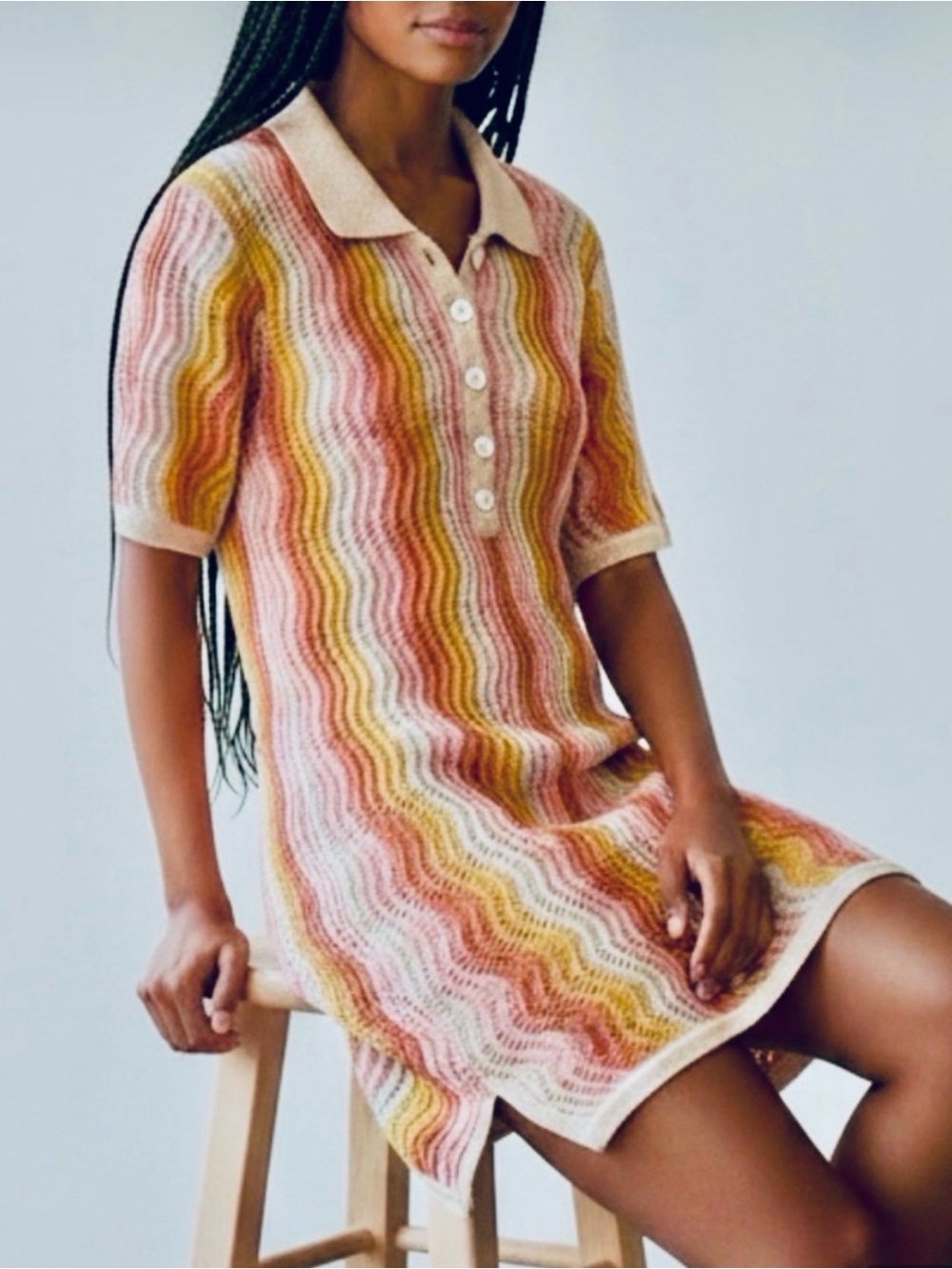 Heartloom Missoni Inspired Knit Polo Mini Dress in Pink, Yellow and Cream